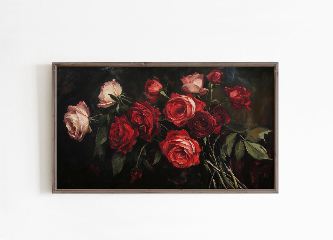 Romantic Red Pink Roses Dark Moody Vintage Floral Still Life Print