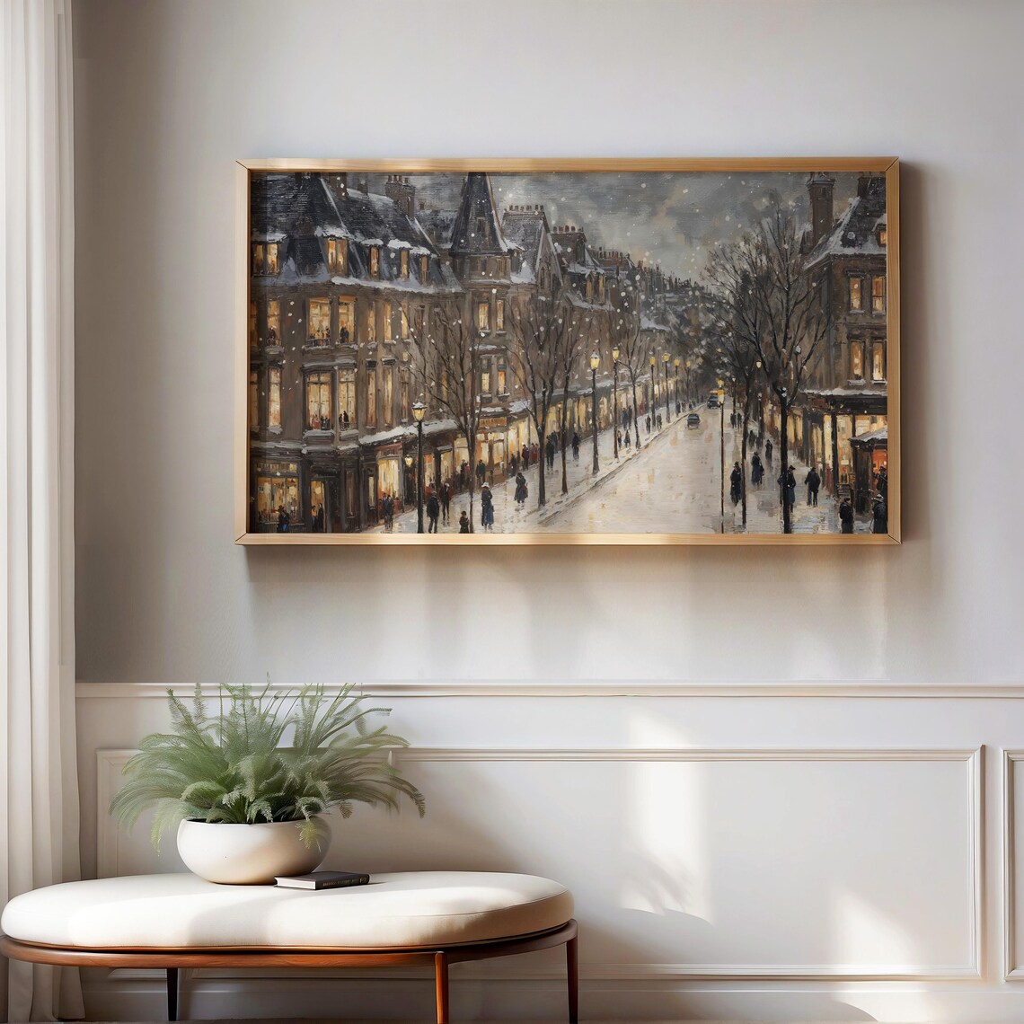 Snowy Old Town Street Night Glowing Windows Vintage City Poster - Image 4