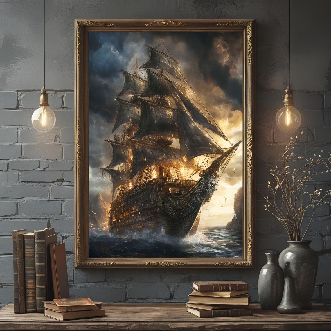 Majestic Pirate Ship Sailing Dark Stormy Ocean Fantasy Adventure Poster