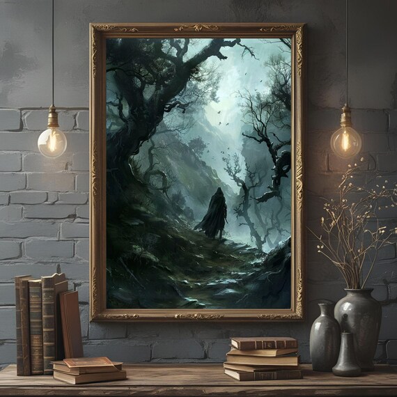 Gothic Cloaked Figure Walking Through a Dark Twisted Forest Poster