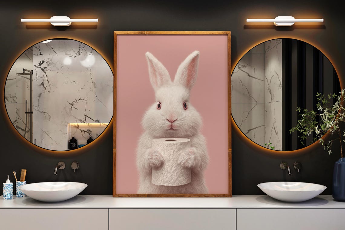 Funny White Rabbit Holding Toilet Paper Roll Pink Bathroom Poster