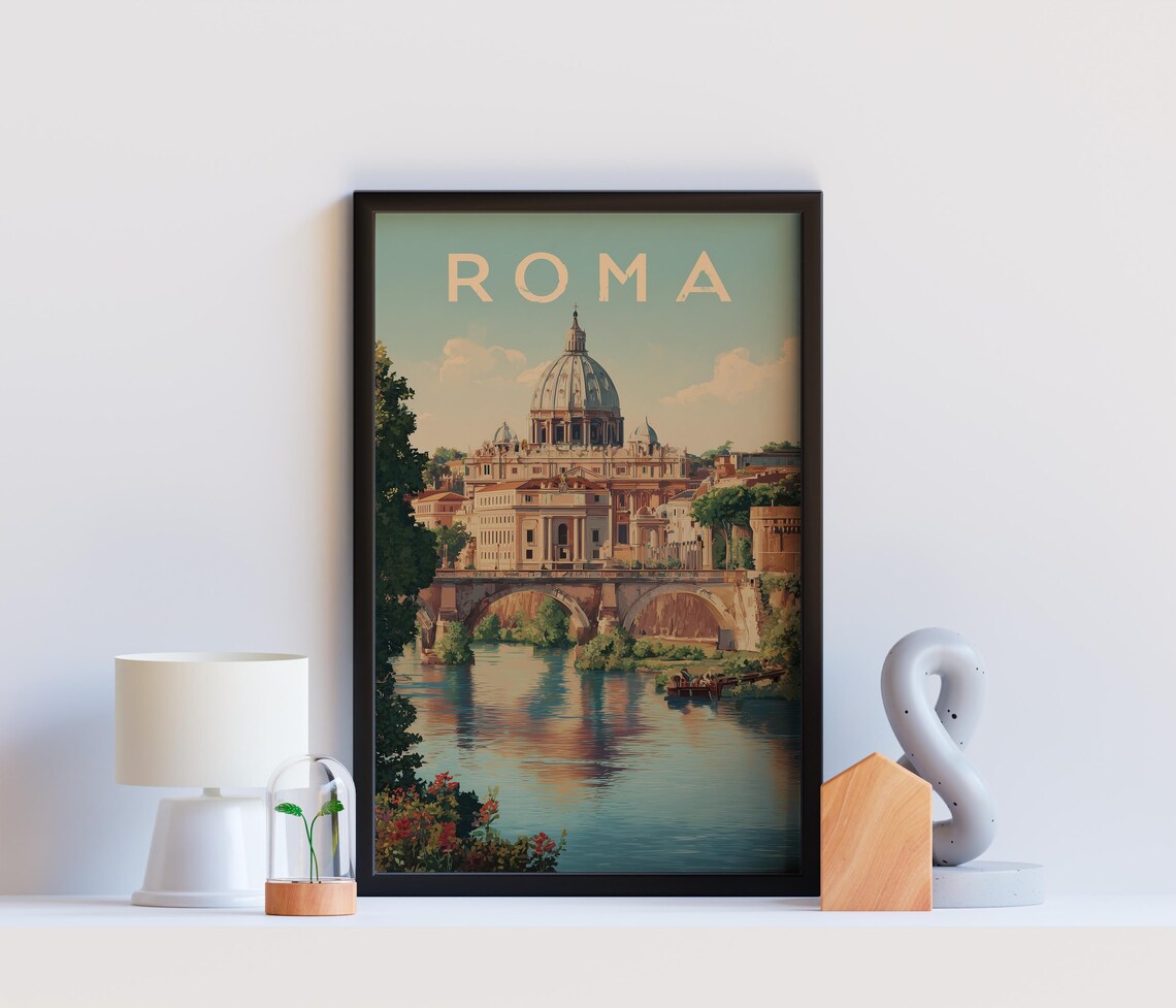Roma Italy St Peter's Basilica Vintage Cityscape Travel Poster