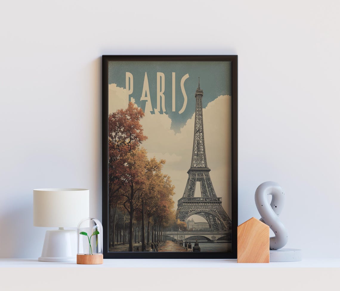 Vintage Paris Eiffel Tower Poster with Autumn Trees Seine View Art