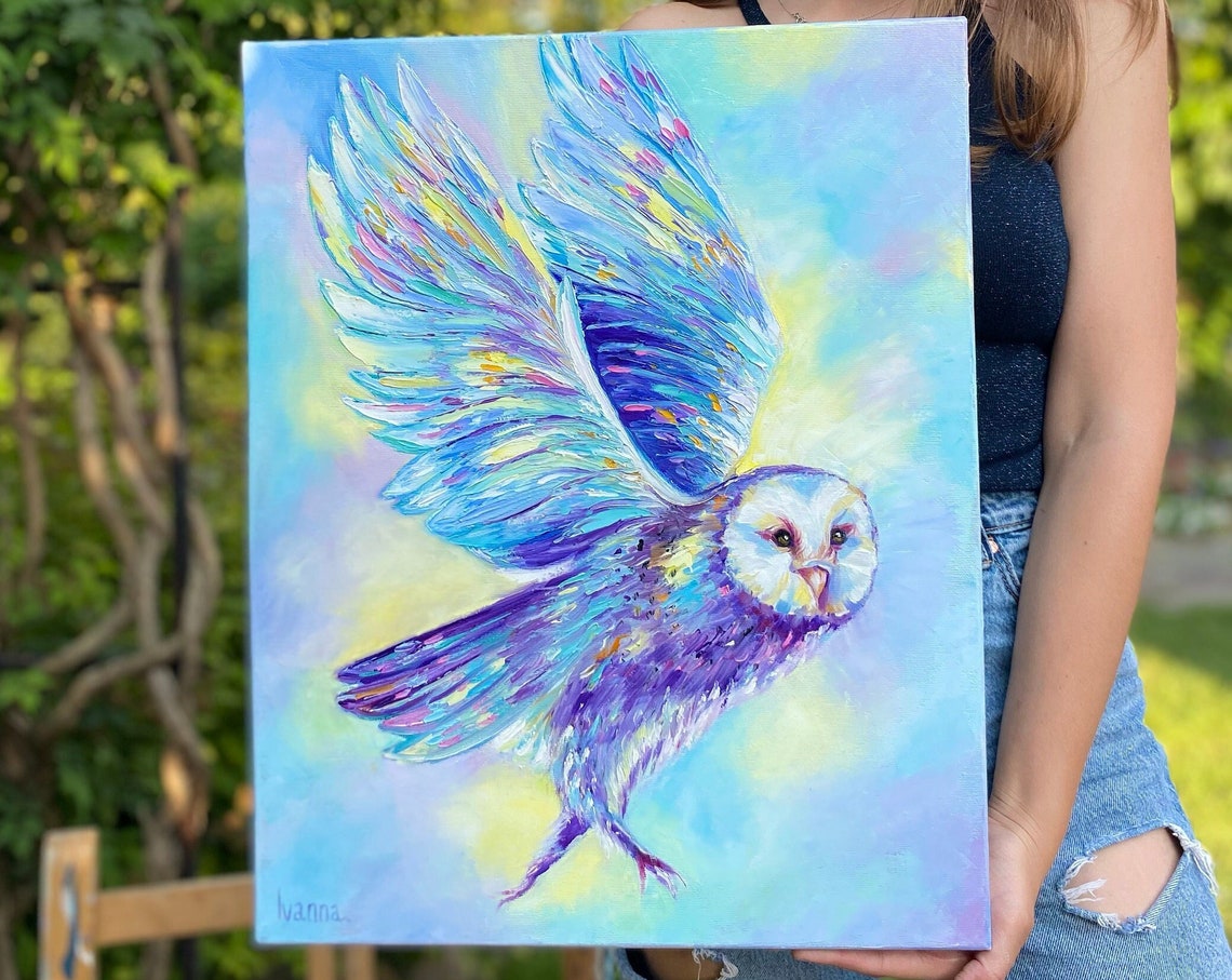 Snowy Owl Oil Painting Original Bird Painting On Blue Owl Wall Art For Men Small Oil Painting Owl Art Original Bird Lover Gift