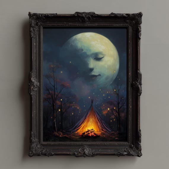 Celestial Moon Night Print Dark Forest Wall Art Fantasy Campfire Scene Gothic Sky Landscape Starry Home Decor