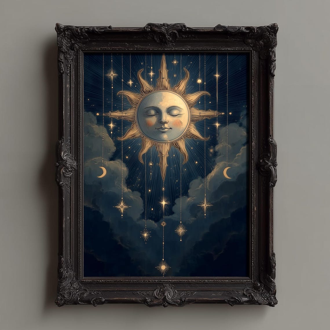 Celestial Sun Moon Wall Art Print Vintage Night Sky Stars Illustration Face Poster Mystical Boho Bedroom Decor Instant
