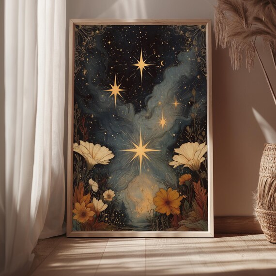 Celestial Starry Night Gold Stars Floral Dark Academia Art Print