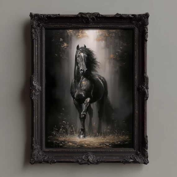 Black Stallion Emerging from a Dark Misty Forest Gold Drip Poster