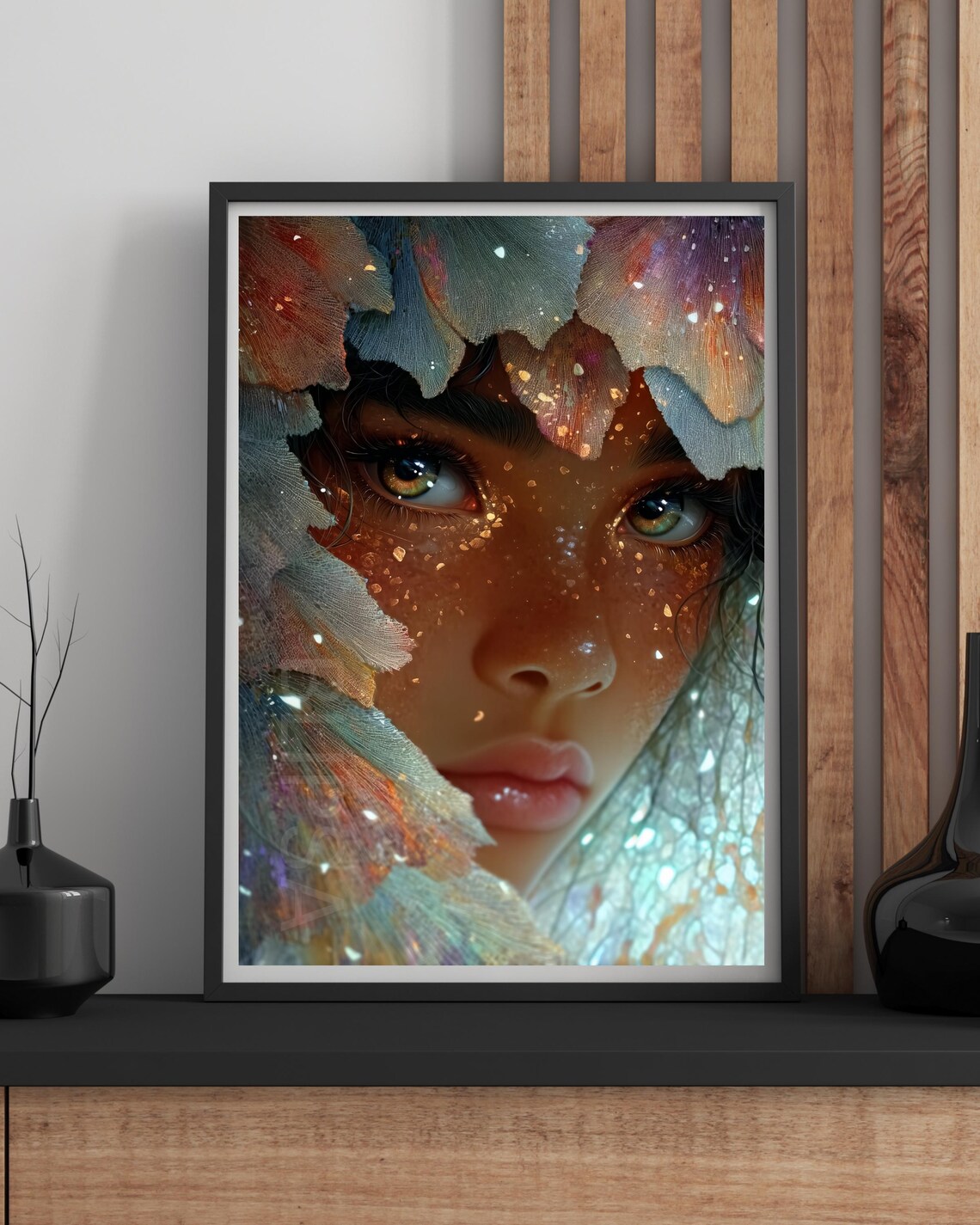 Glitter Girl Behind Frosted Petals Dreamy Fantasy Portrait Art Print