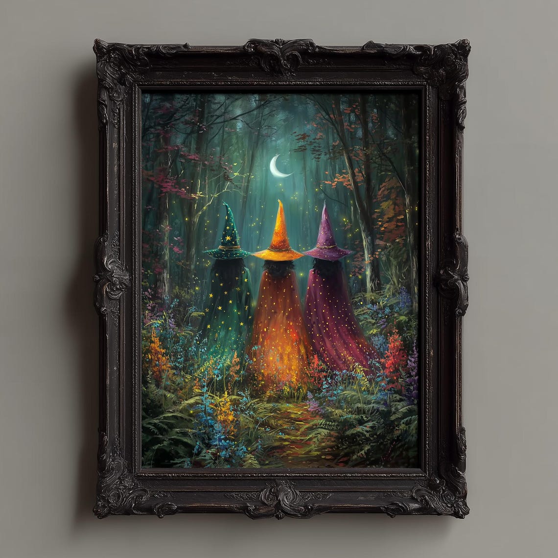 Three Colorful Witches in a Moonlit Forest Fantasy Art Poster