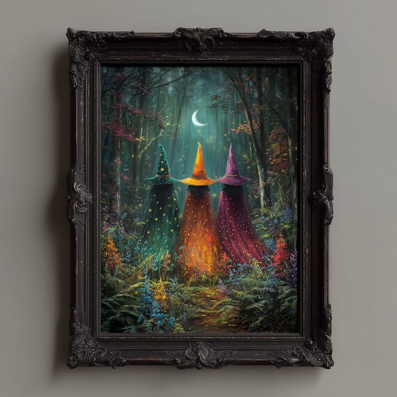 Colorful Witches Art Print Enchanted Fantasy Poster Witchy Gothic Wall Decor Vintage Illustration Dark Academia Home