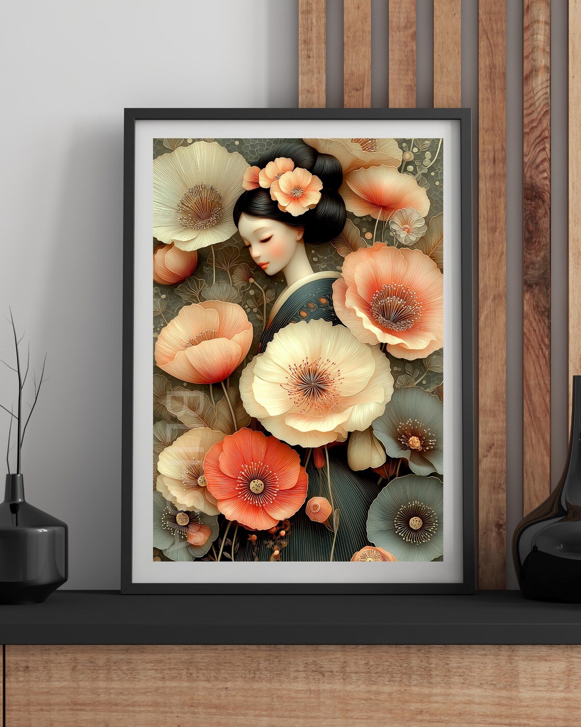 Japanese Geisha Woman with Poppies Elegant Botanical Portrait Poster