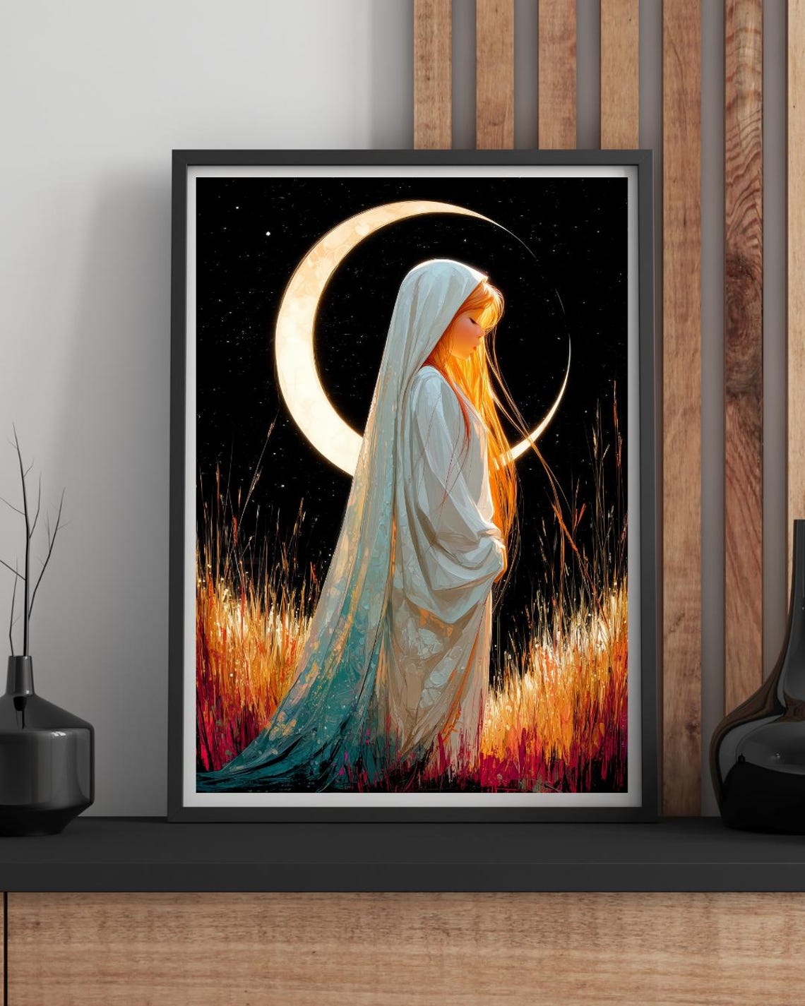 Veiled Girl Crescent Moon Golden Grass Night Field Art Print