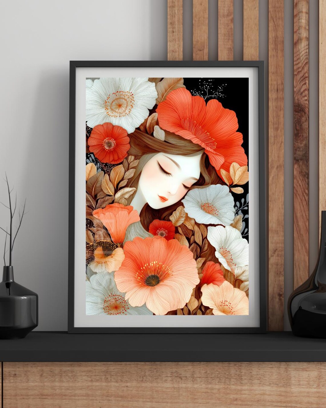 Sleeping Woman Among Poppy Blossoms Soft Floral Portrait Poster