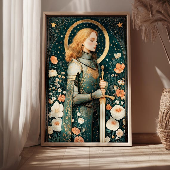 Medieval Female Knight Art Print Fantasy Celestial Poster Boho Tapestry Style Magical Vintage