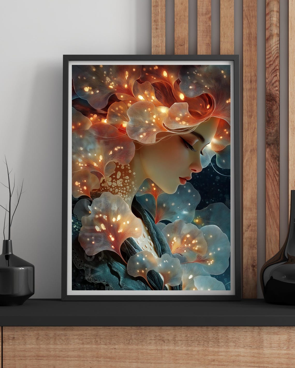 Dreamy Woman Among Glowing Flowers Ethereal Fantasy Art Print
