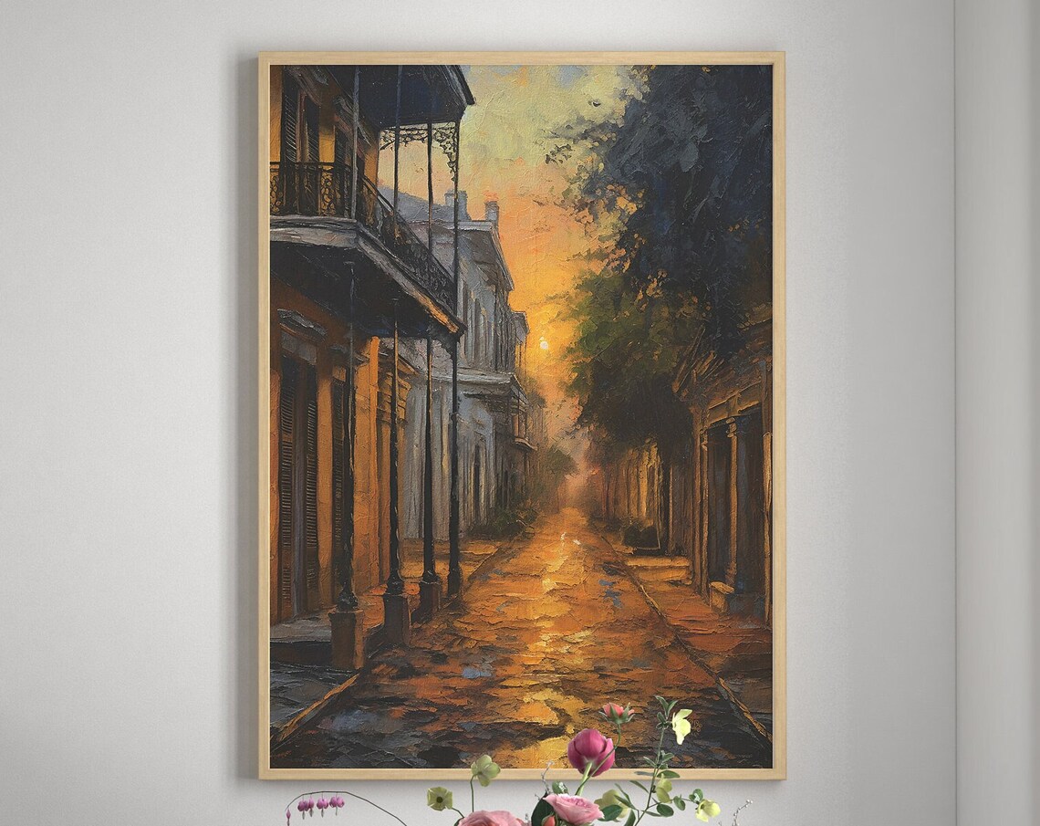 New Orleans French Quarter Sunset Balconies Cobblestone Street Painting Poster