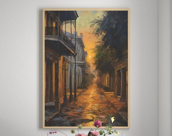 New Orleans French Quarter Sunset Balconies Cobblestone Street Painting Poster