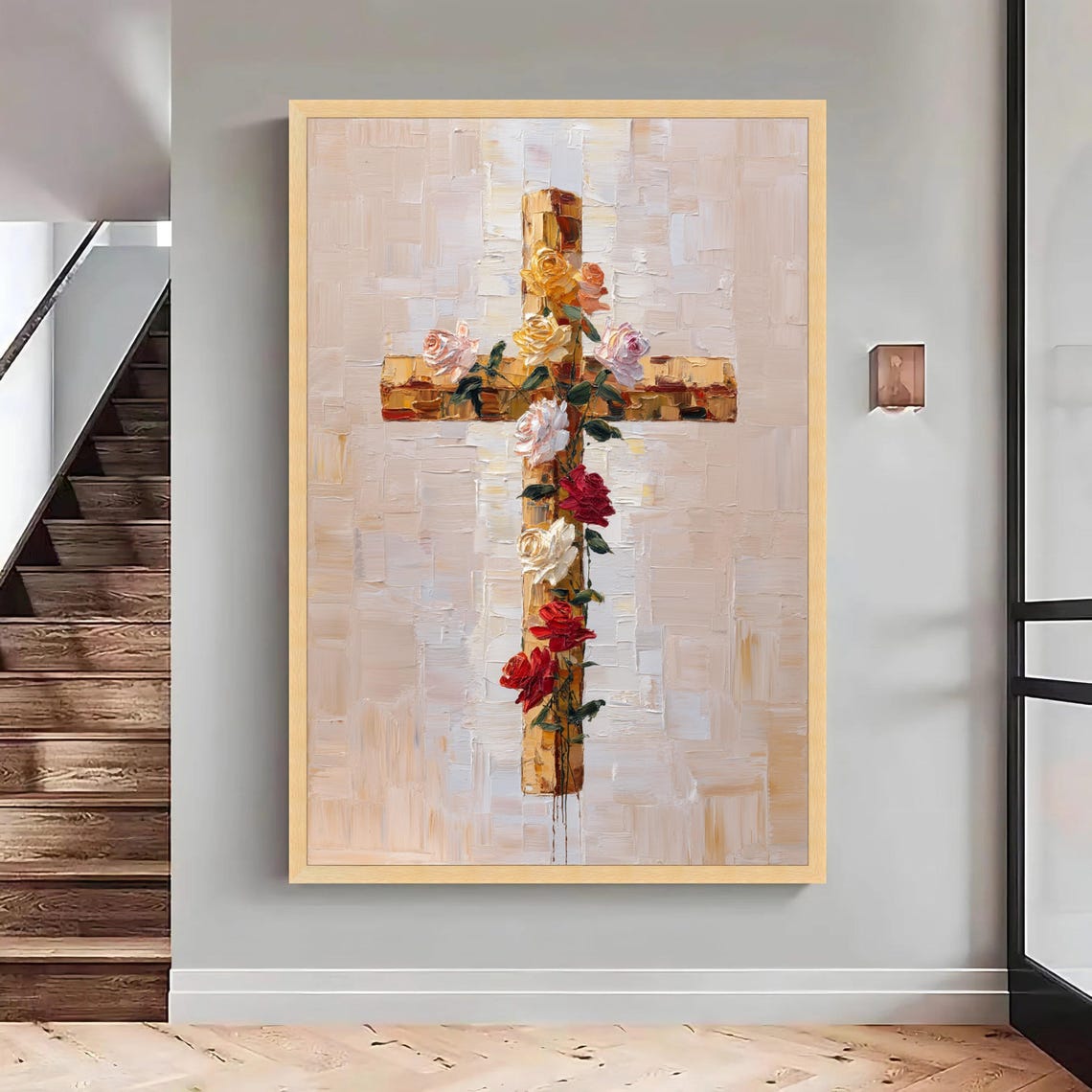 Christian Cross with Climbing Roses Textured Oil Artwork Poster