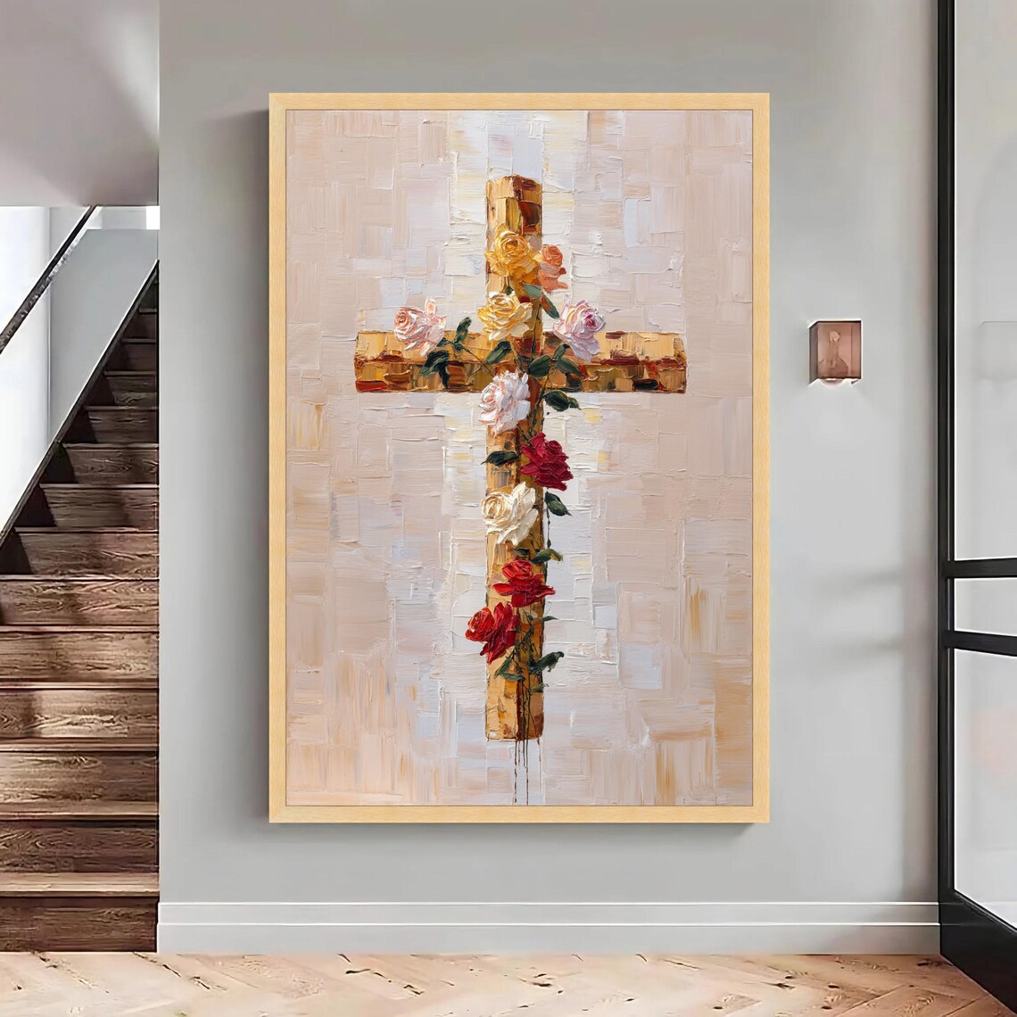 Floral Cross Canvas Art Handprinted Roses Spiritual Home Decor Large Wall Oversized Statement Piece