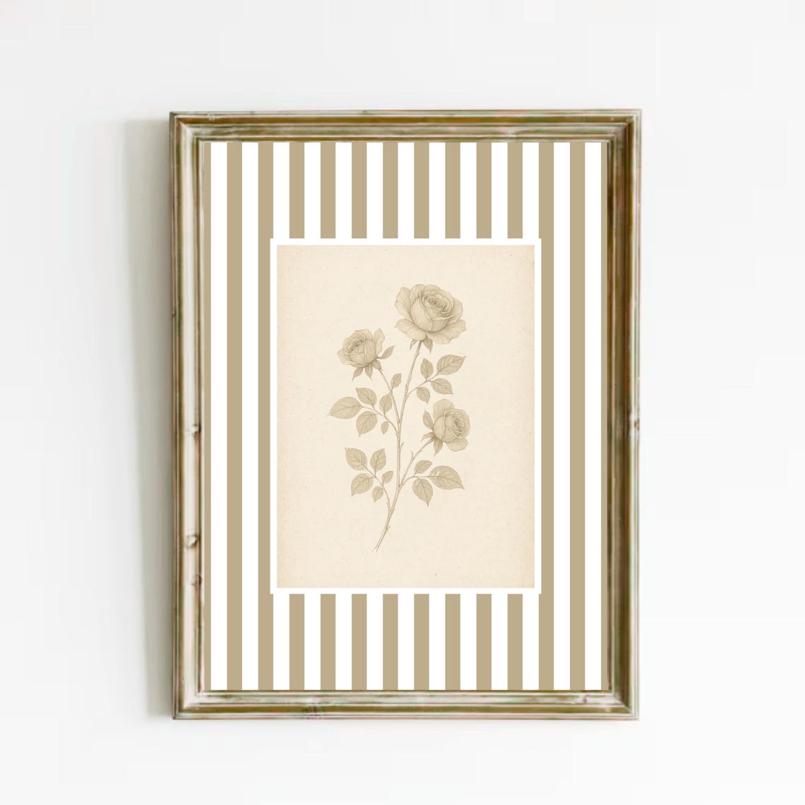 Vintage Rose Stem Botanical Sketch on Cream and Taupe Striped Print