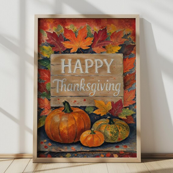 Happy Thanksgiving Wooden Sign With Pumpkins and Autumn Leaves Poster