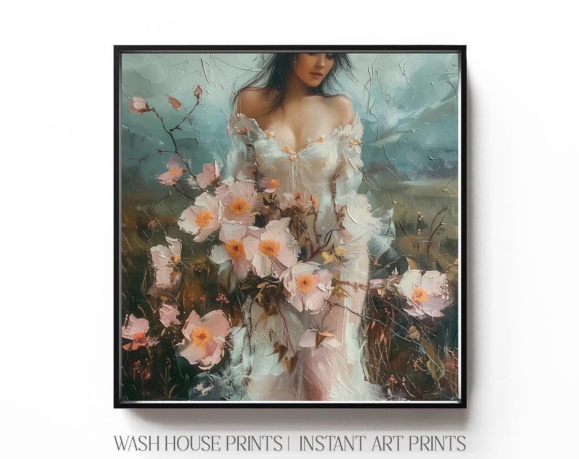 Woman in Flowing White Dress Among Pink Cosmos Blossoms Poster