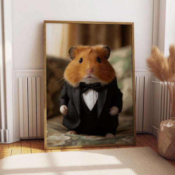 Hamster Suit Portrait Pet Poster Custom Art Wall Cute Animal Gift For Lover Owner Funny