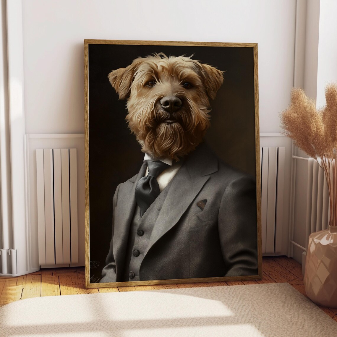 Soft Coated Wheaten Terrier in Grey Suit Gentleman Dog Portrait Poster