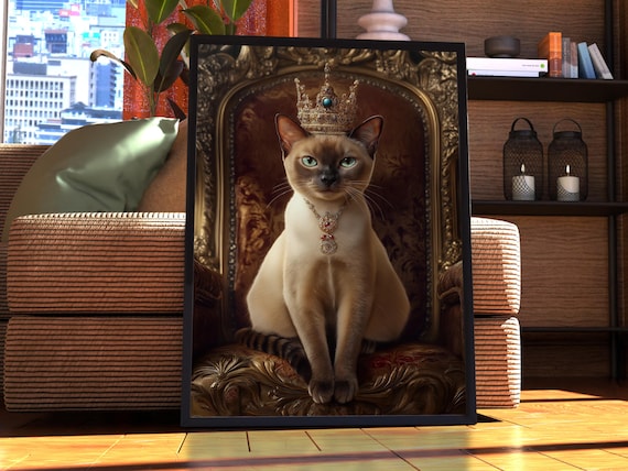 Regal Siamese Cat Royal Portrait Wearing Crown on a Throne Poster