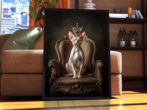 Crowned Sphynx Cat on Royal Throne Funny Hairless Pet Poster