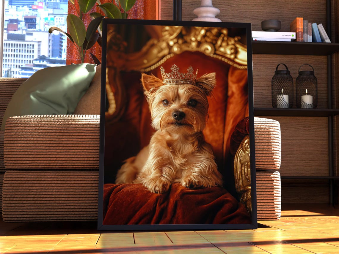 Yorkshire Terrier Puppy Royal Crown Throne Portrait Funny Wall Art