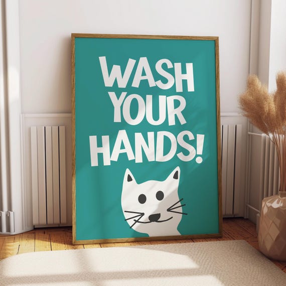 Wash Your Hands Bathroom Poster Funny Print Art Cat Animal Toilet Wc