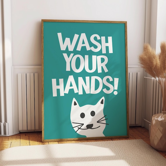 Wash Your Hands Funny Cat Bathroom Sign Cute Teal Quote Wall Art