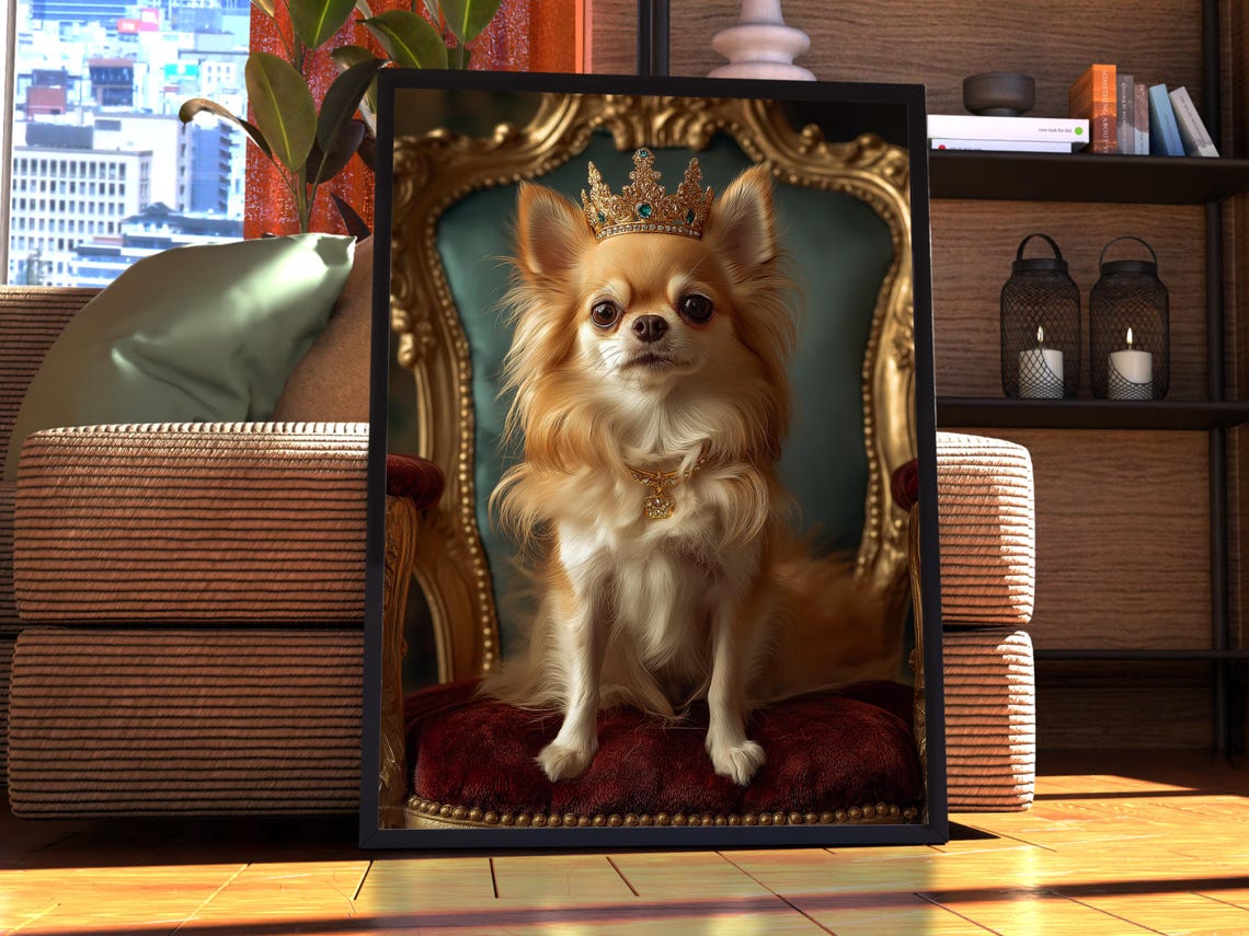 Long Haired Chihuahua Royal Crown Throne Portrait Dog Poster