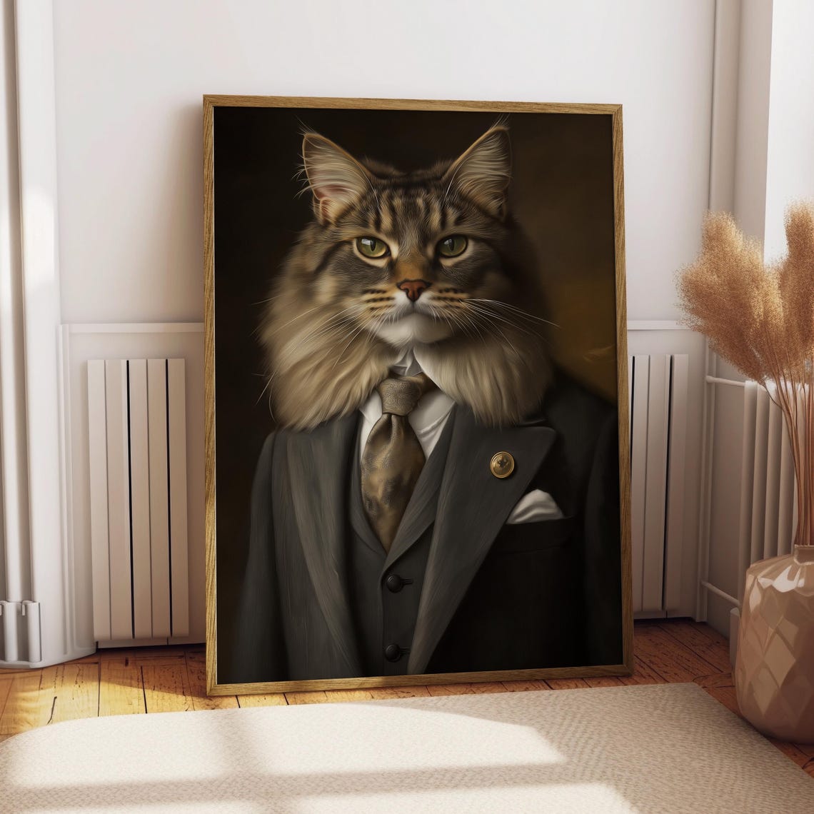 Long Haired Tabby Cat in a Gray Suit with Tie Regal Oil Portrait Print
