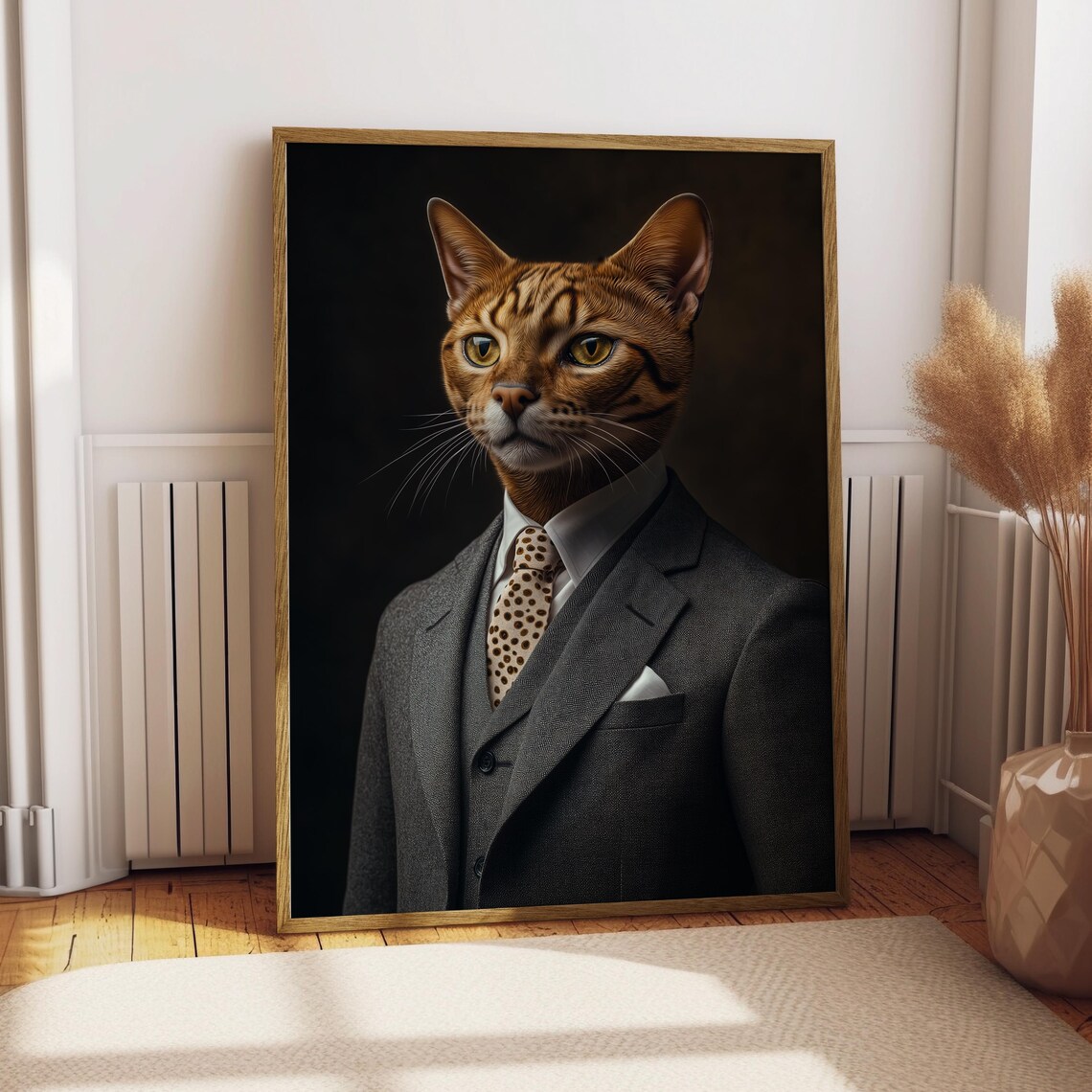 Bengal Cat in a Gray Suit with Spotted Tie Regal Oil Portrait Print