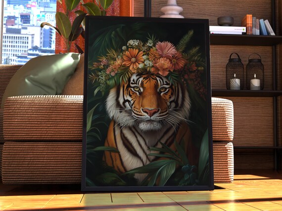 Maximalist Tiger Poster Floral Animal Print Wall Art Portrait Vintage Funky Colourful