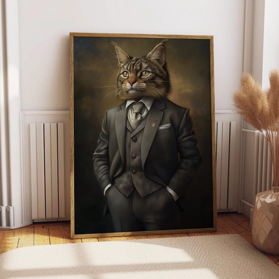 Kurilian Bobtail Cat Suit Portrait Poster Pet Funny Art Wall Gift For Owner