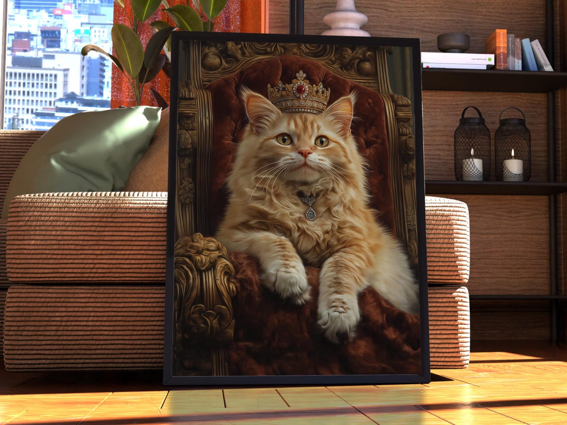 Royal Ginger Cat Portrait Crown Velvet Throne Funny Cat Poster