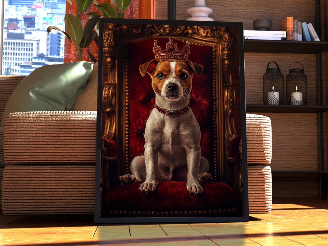 Jack Russell Terrier Royal Crown Red Throne Dog Portrait Wall Art
