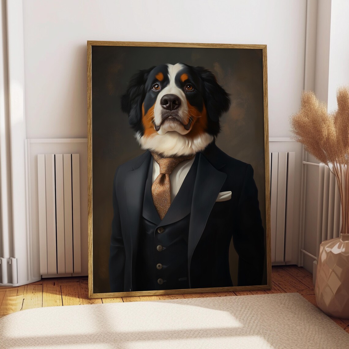 Bernese Mountain Dog in Suit Gold Tie Formal Pet Portrait Poster