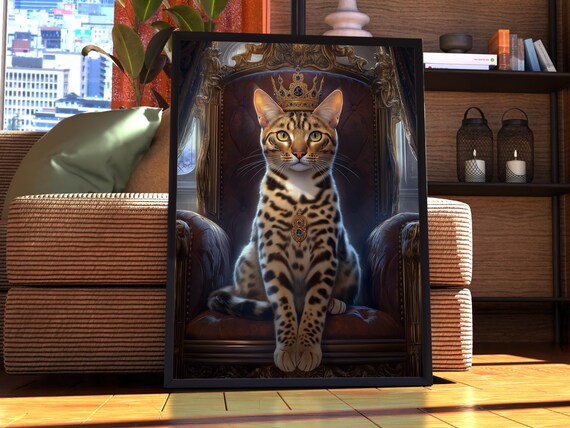 Bengal Cat with Crown Seated on a Royal Throne Portrait Wall Art