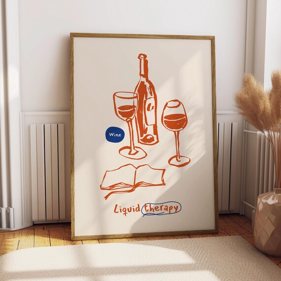 Liquid Therapy Wine Poster Line Art Funny Wine Lover Kitchen Gift