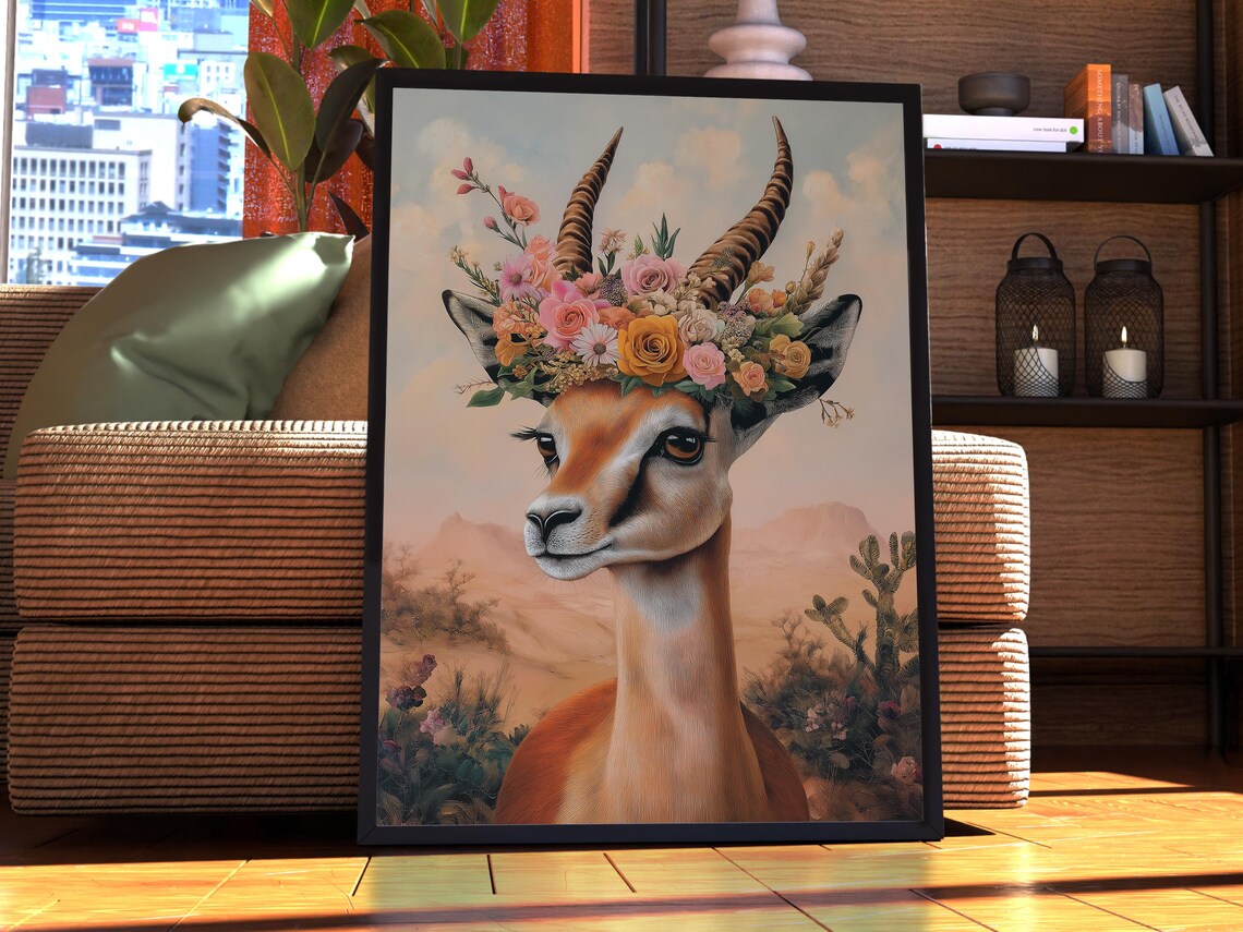 Gazelle Floral Crown Desert Portrait Pastel Safari Animal Poster