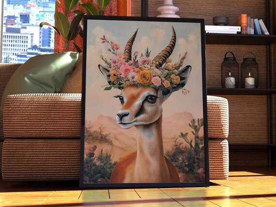 Maximalist Gazelle Poster Floral Animal Print Wall Art Portrait Vintage Funky Colourful Pink