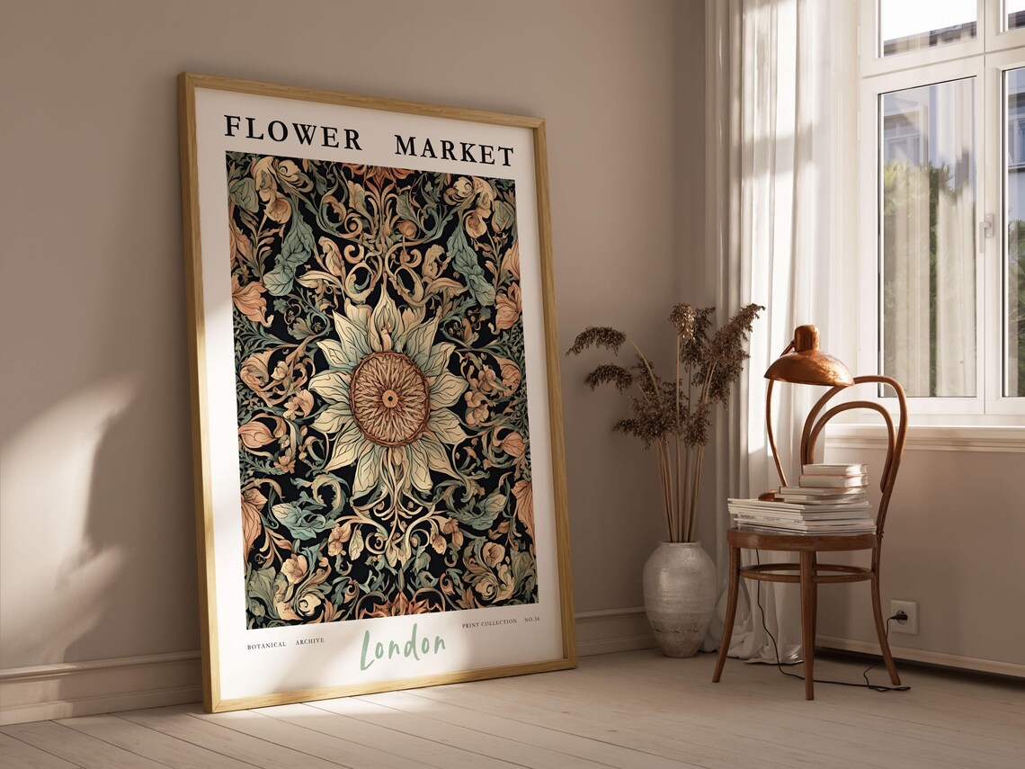 London Flower Market Dark Botanical William Morris Style Art Poster