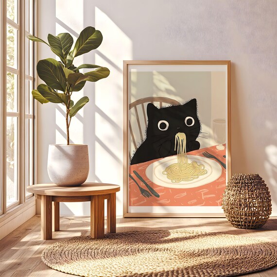 Black Cat Eating Spaghetti Cute Funny Food Illustration Poster
