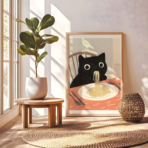 Cat Wall Art Poster Black Print Cute Animal Illustration Home Decor