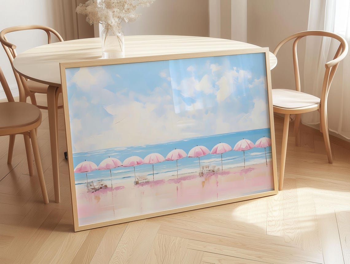 Row of Pink Beach Umbrellas Over Ocean Waves Pastel Art Poster